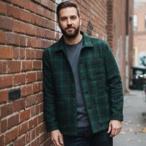 NEW PIOMBO Men's Size Large Green & Black Plaid Flannel Shacket Jacket Pockets